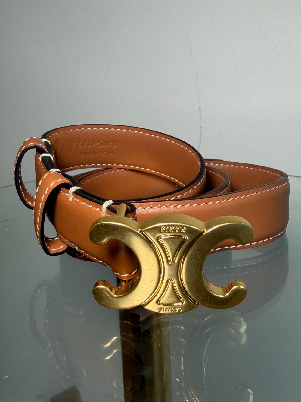 Celine Tan Leather Belt with Gold Triomphe Buckle